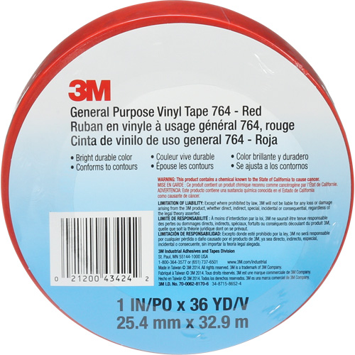 Ruban en vinyle pour travaux g&eacute;n&eacute;raux 764, 25,4 mm (1") la x 32,9 m (108') lo, 5 mils, Rouge Dufferin Supply