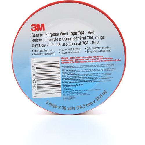 Ruban en vinyle pour travaux g&eacute;n&eacute;raux 764, 76 mm (3") la x 32,9 m (108') lo, 5 mils, Rouge Dufferin Supply