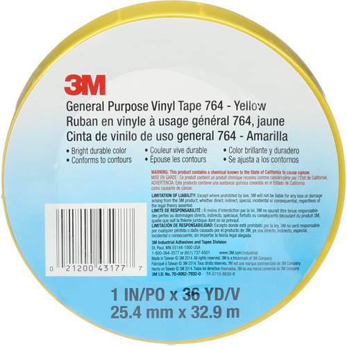 764 General-Purpose Vinyl Tape, 25.4 mm (1") W x 32.9 m (108') L, 5 mils, Yellow Dufferin Supply