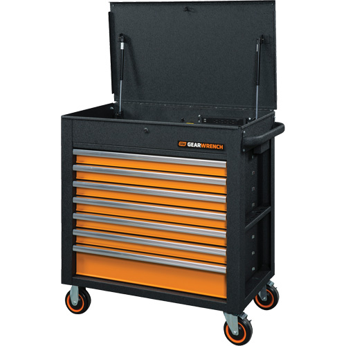GSX Series Rolling Tool Cart with Tilt Top, 7 Drawers, 35" L x 20" W x 39" H, Black/Orange Dufferin Supply
