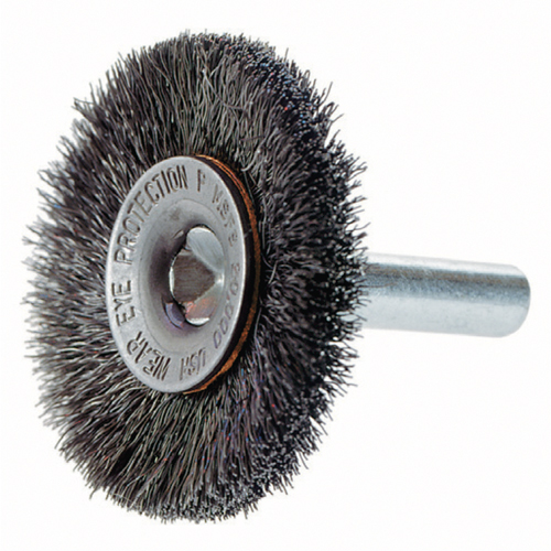 Crimped Wire Wheel Brush with 1/4" Shank, 3" Dia., 0.014" Fill, 1/4" Arbor Dufferin Supply