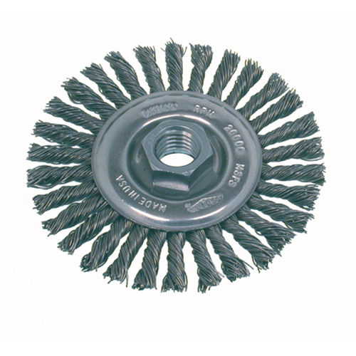 Brosse rotative &agrave; fils nou&eacute;s pour petites meuleuses haute vitesse, pour passe de fond, Dia. 4", Fils 0,02", Arbre 5/8"-11, Acier inoxydable Dufferin Supply