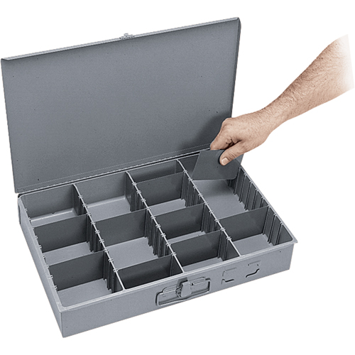 Adjustable Compartment Boxes, Steel, Variable Slots, 18" W x 12" D x 3" H, Grey Dufferin Supply