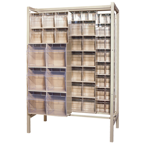 Syst&egrave;me de stockage &agrave; glissi&egrave;re &agrave; bacs basculants autonome, 51-1/4" la x 26" p x 77" h, 101 tiroirs Dufferin Supply