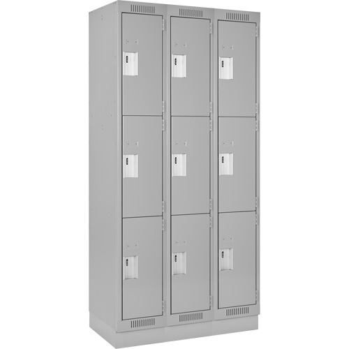 Clean Line Lockers, 3 -tier, Bank of 3, 36" x 18" x 76", Steel, Grey, Rivet (Assembled) Dufferin Supply