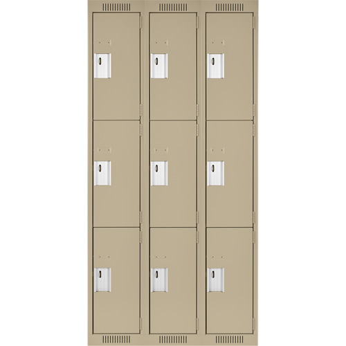 Clean Line Lockers, 3 -tier, Bank of 3, 36" x 18" x 72", Steel, Beige, Rivet (Assembled) Dufferin Supply
