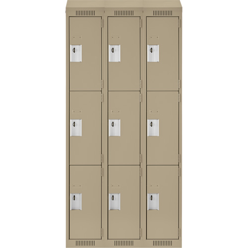 Clean Line Lockers, 3 -tier, Bank of 3, 36" x 18" x 78", Steel, Beige, Rivet (Assembled) Dufferin Supply