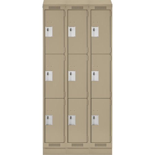Clean Line Lockers, 3 -tier, Bank of 3, 36" x 18" x 82", Steel, Beige, Rivet (Assembled) Dufferin Supply