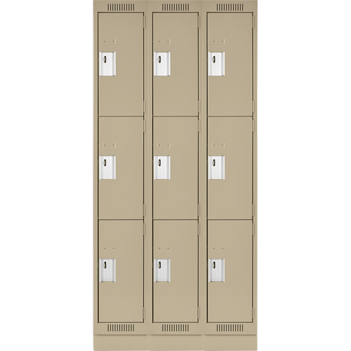 Clean Line Lockers, 3 -tier, Bank of 3, 36" x 18" x 76", Steel, Beige, Rivet (Assembled) Dufferin Supply
