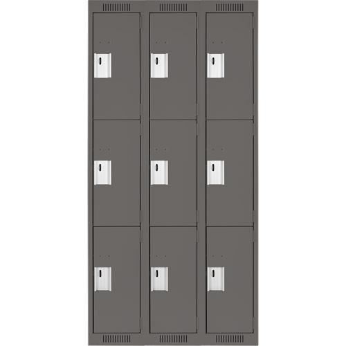 Clean Line Lockers, 3 -tier, Bank of 3, 36" x 18" x 72", Steel, Charcoal, Rivet (Assembled) Dufferin Supply