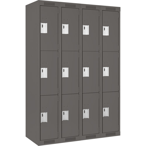 Clean Line Lockers, 3 -tier, Bank of 4, 48" x 18" x 72", Steel, Charcoal, Rivet (Assembled) Dufferin Supply