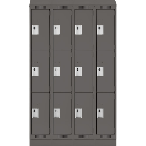 Clean Line Lockers, 3 -tier, Bank of 4, 48" x 18" x 82", Steel, Charcoal, Rivet (Assembled) Dufferin Supply