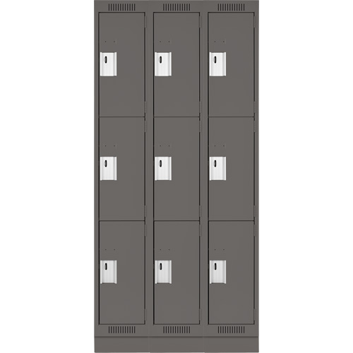 Clean Line Lockers, 3 -tier, Bank of 3, 36" x 18" x 76", Steel, Charcoal, Rivet (Assembled) Dufferin Supply