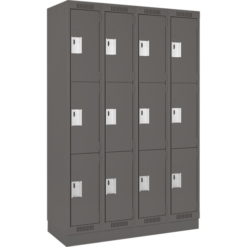 Clean Line Lockers, 3 -tier, Bank of 4, 48" x 18" x 76", Steel, Charcoal, Rivet (Assembled) Dufferin Supply