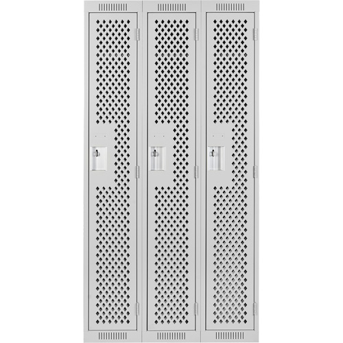 Clean Line Lockers, Bank of 3, 36" x 15" x 72", Steel, Grey, Rivet (Assembled), Perforated Dufferin Supply