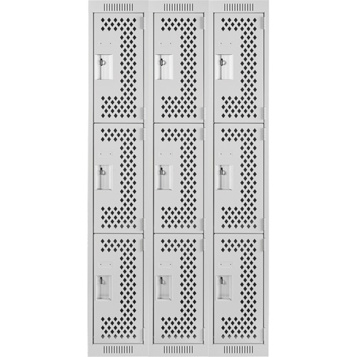 Clean Line Lockers, 3 -tier, Bank of 3, 36" x 12" x 72", Steel, Grey, Rivet (Assembled), Perforated Dufferin Supply
