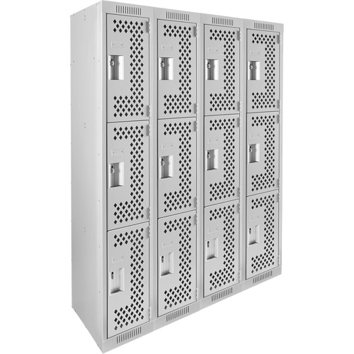 Clean Line Lockers, 3 -tier, Bank of 4, 48" x 12" x 72", Steel, Grey, Rivet (Assembled), Perforated Dufferin Supply