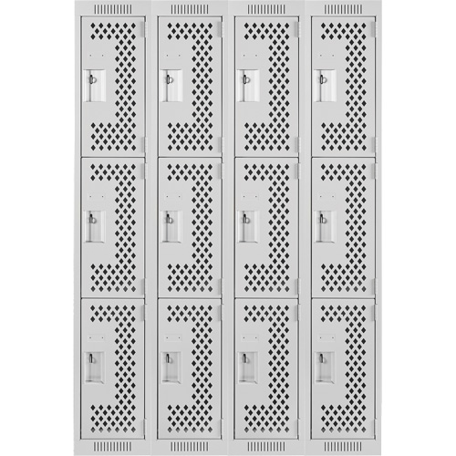 Clean Line Lockers, 3 -tier, Bank of 4, 48" x 12" x 72", Steel, Grey, Rivet (Assembled), Perforated Dufferin Supply