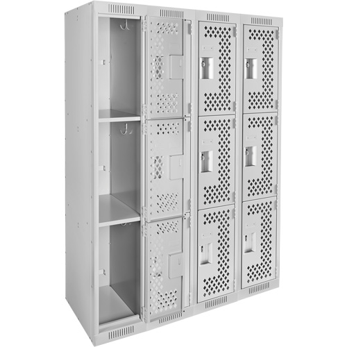 Clean Line Lockers, 3 -tier, Bank of 4, 48" x 12" x 72", Steel, Grey, Rivet (Assembled), Perforated Dufferin Supply