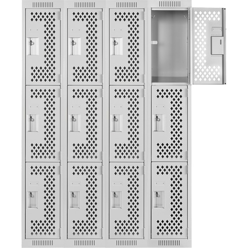 Clean Line Lockers, 3 -tier, Bank of 4, 48" x 12" x 72", Steel, Grey, Rivet (Assembled), Perforated Dufferin Supply
