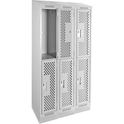 Clean Line Lockers, 2 -tier, Bank of 3, 36" x 15" x 82", Steel, Grey, Rivet (Assembled), Perforated Dufferin Supply