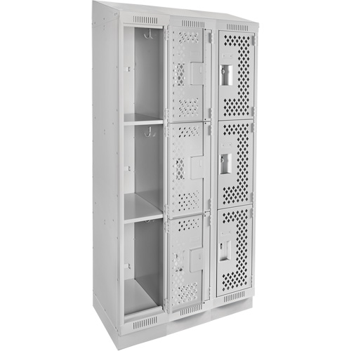 Clean Line Lockers, 3 -tier, Bank of 3, 36" x 18" x 82", Steel, Grey, Rivet (Assembled), Perforated Dufferin Supply