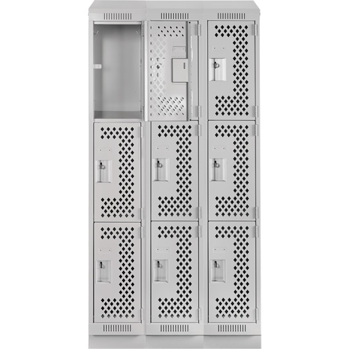 Clean Line Lockers, 3 -tier, Bank of 3, 36" x 18" x 82", Steel, Grey, Rivet (Assembled), Perforated Dufferin Supply