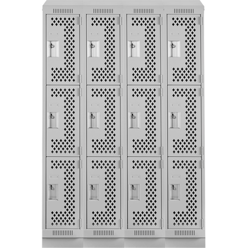 Clean Line Lockers, 3 -tier, Bank of 4, 48" x 18" x 82", Steel, Grey, Rivet (Assembled), Perforated Dufferin Supply