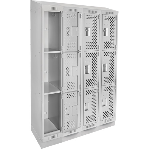 Clean Line Lockers, 3 -tier, Bank of 4, 48" x 18" x 82", Steel, Grey, Rivet (Assembled), Perforated Dufferin Supply
