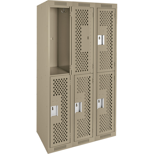 Clean Line Lockers, 2 -tier, Bank of 3, 36" x 15" x 72", Steel, Beige, Rivet (Assembled), Perforated Dufferin Supply