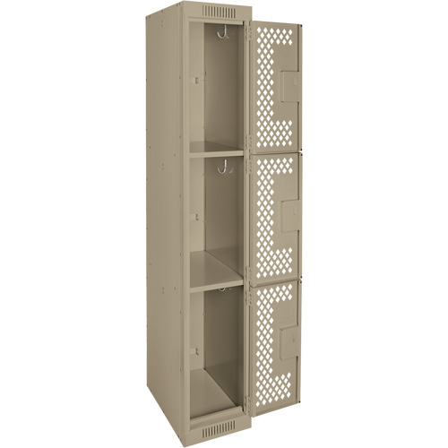 Clean Line Lockers, 3 -tier, 12" x 12" x 72", Steel, Beige, Rivet (Assembled), Perforated Dufferin Supply