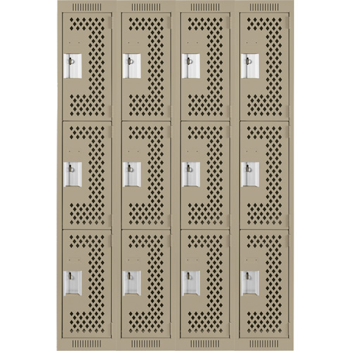 Clean Line Lockers, 3 -tier, Bank of 4, 48" x 12" x 72", Steel, Beige, Rivet (Assembled), Perforated Dufferin Supply