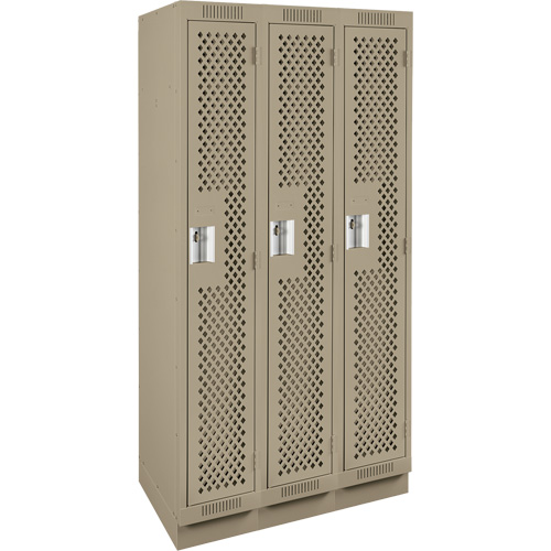 Clean Line Lockers, Bank of 3, 36" x 15" x 76", Steel, Beige, Rivet (Assembled), Perforated Dufferin Supply