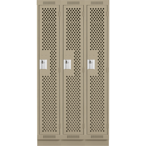 Clean Line Lockers, Bank of 3, 36" x 15" x 76", Steel, Beige, Rivet (Assembled), Perforated Dufferin Supply