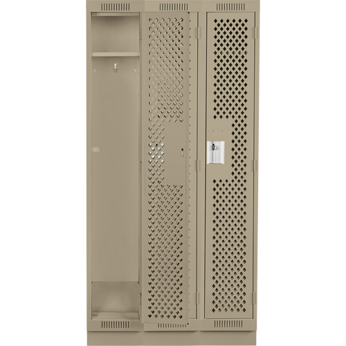 Clean Line Lockers, Bank of 3, 36" x 15" x 76", Steel, Beige, Rivet (Assembled), Perforated Dufferin Supply