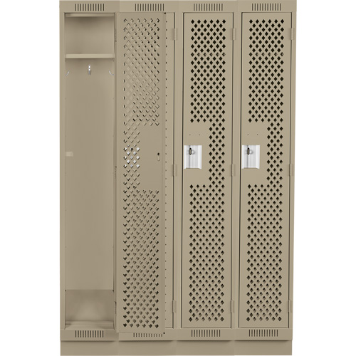 Clean Line Lockers, Bank of 4, 48" x 15" x 76", Steel, Beige, Rivet (Assembled), Perforated Dufferin Supply