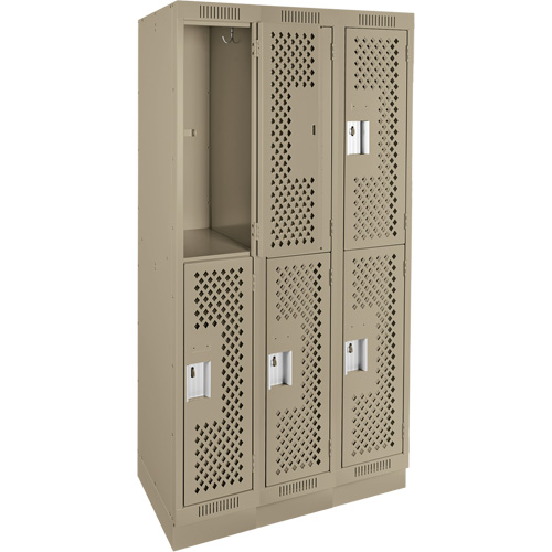 Clean Line Lockers, 2 -tier, Bank of 3, 36" x 12" x 76", Steel, Beige, Rivet (Assembled), Perforated Dufferin Supply