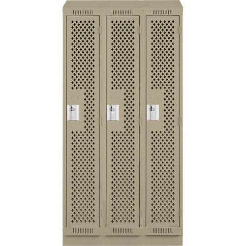 Clean Line Lockers, Bank of 3, 36" x 18" x 82", Steel, Beige, Rivet (Assembled), Perforated Dufferin Supply