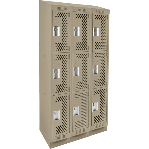 Clean Line Lockers, 3 -tier, Bank of 3, 36" x 18" x 82", Steel, Beige, Rivet (Assembled), Perforated Dufferin Supply