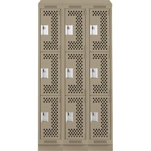 Clean Line Lockers, 3 -tier, Bank of 3, 36" x 18" x 82", Steel, Beige, Rivet (Assembled), Perforated Dufferin Supply