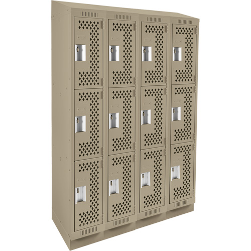 Clean Line Lockers, 3 -tier, Bank of 4, 48" x 18" x 82", Steel, Beige, Rivet (Assembled), Perforated Dufferin Supply