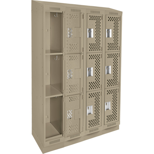 Clean Line Lockers, 3 -tier, Bank of 4, 48" x 18" x 82", Steel, Beige, Rivet (Assembled), Perforated Dufferin Supply