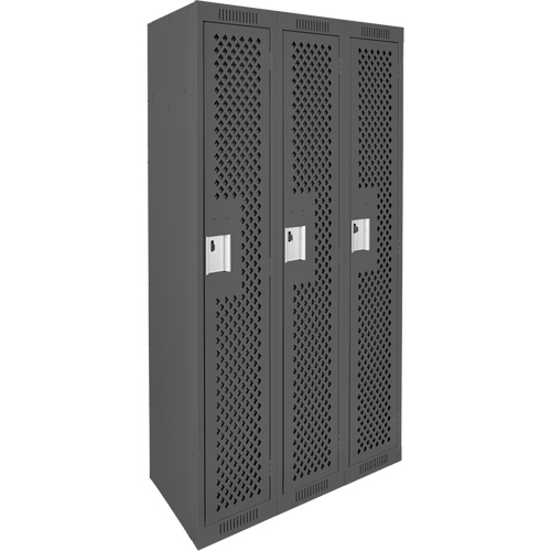 Clean Line Lockers, Bank of 3, 36" x 15" x 72", Steel, Charcoal, Rivet (Assembled), Perforated Dufferin Supply