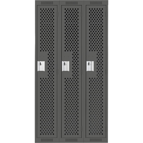 Clean Line Lockers, Bank of 3, 36" x 15" x 72", Steel, Charcoal, Rivet (Assembled), Perforated Dufferin Supply