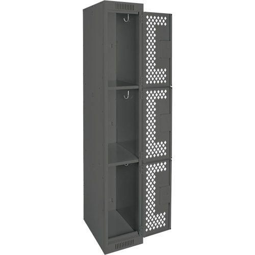 Clean Line Lockers, 3 -tier, 12" x 12" x 72", Steel, Charcoal, Rivet (Assembled), Perforated Dufferin Supply