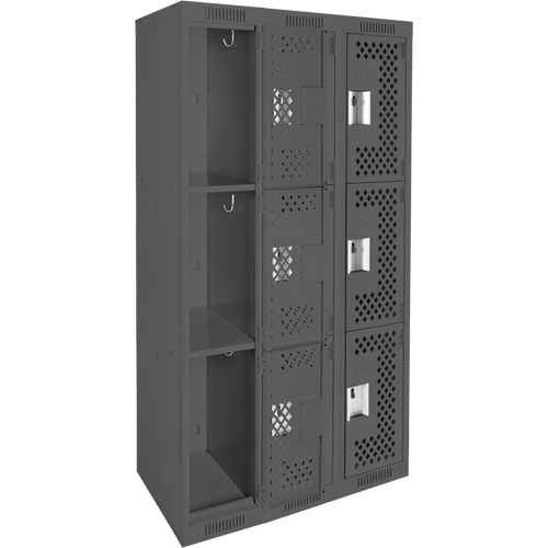 Clean Line Lockers, 3 -tier, Bank of 3, 36" x 12" x 72", Steel, Charcoal, Rivet (Assembled), Perforated Dufferin Supply