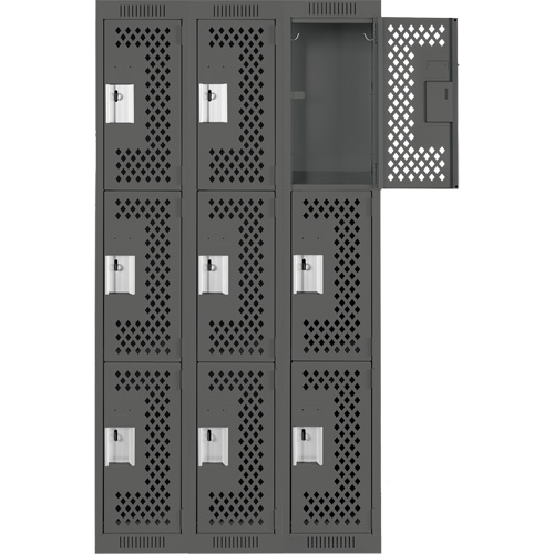 Clean Line Lockers, 3 -tier, Bank of 3, 36" x 12" x 72", Steel, Charcoal, Rivet (Assembled), Perforated Dufferin Supply