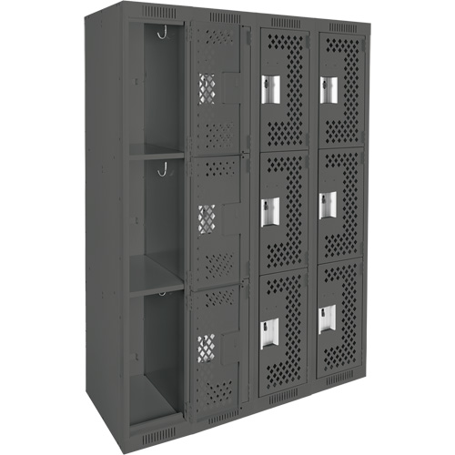 Clean Line Lockers, 3 -tier, Bank of 4, 48" x 12" x 72", Steel, Charcoal, Rivet (Assembled), Perforated Dufferin Supply