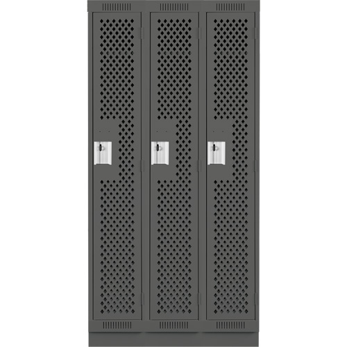 Clean Line Lockers, Bank of 3, 36" x 15" x 76", Steel, Charcoal, Rivet (Assembled), Perforated Dufferin Supply