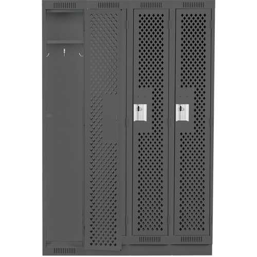 Clean Line Lockers, Bank of 4, 48" x 15" x 76", Steel, Charcoal, Rivet (Assembled), Perforated Dufferin Supply